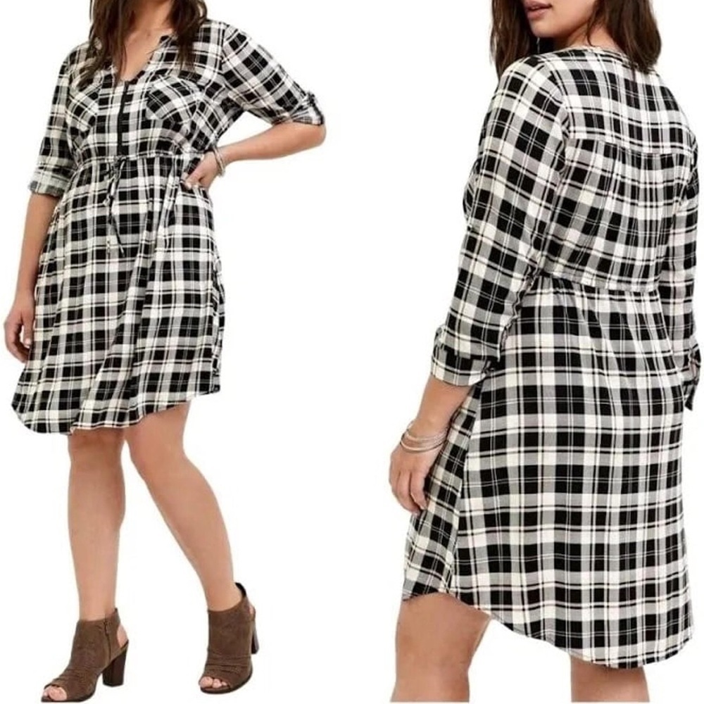 Torrid Acas Shirt Dress Plaid 4x Challis Zip-Front Black White Fall Career